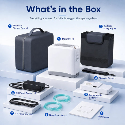 A06S 1–7L portable oxygen concentrator with included accessories