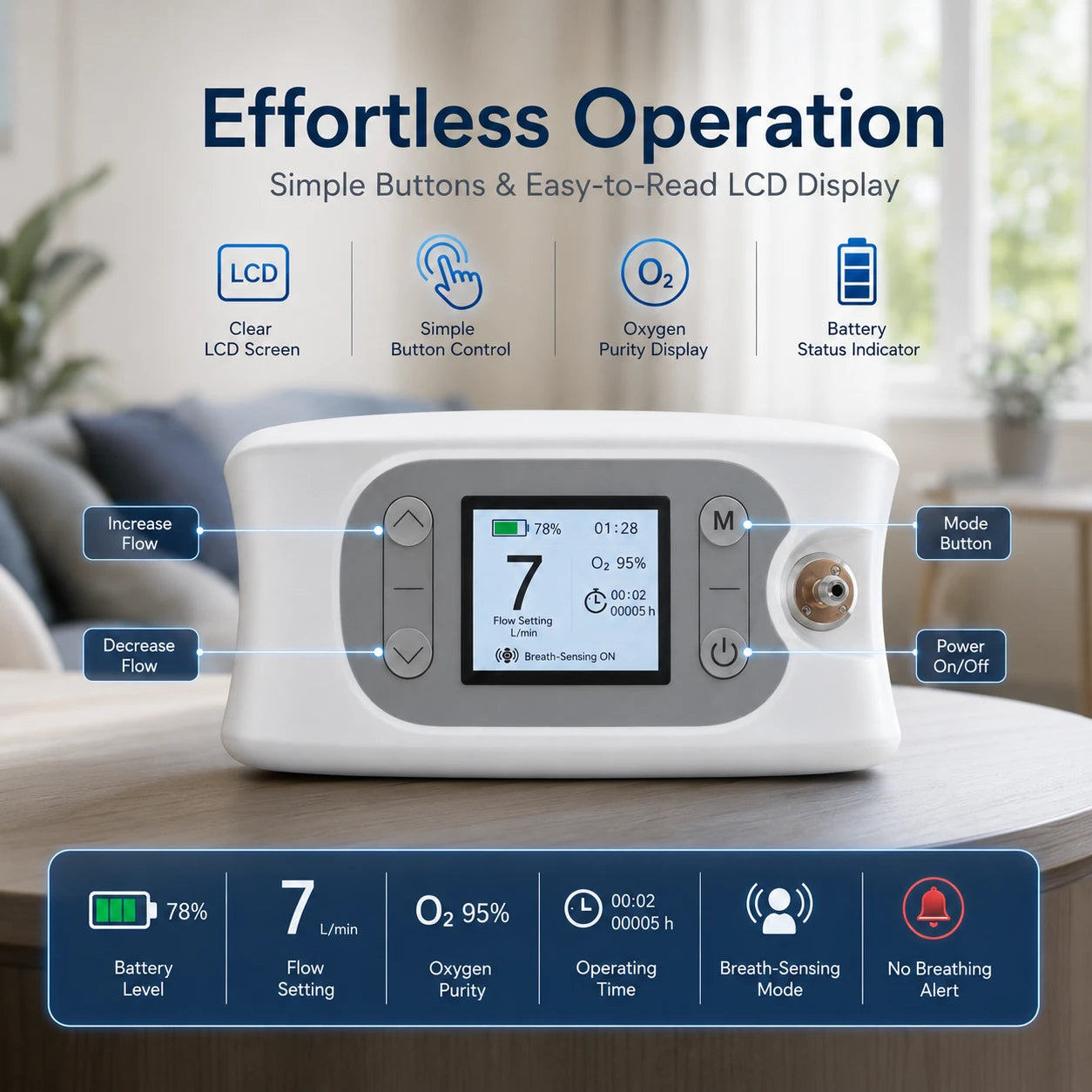 A06S 1–7L portable oxygen concentrator with an easy-to-use display screen