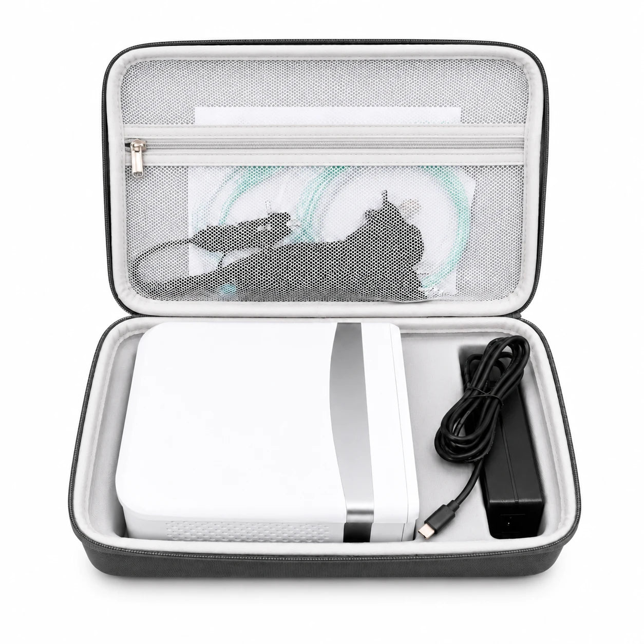 A06S 1–7L portable oxygen concentrator with a protective storage case