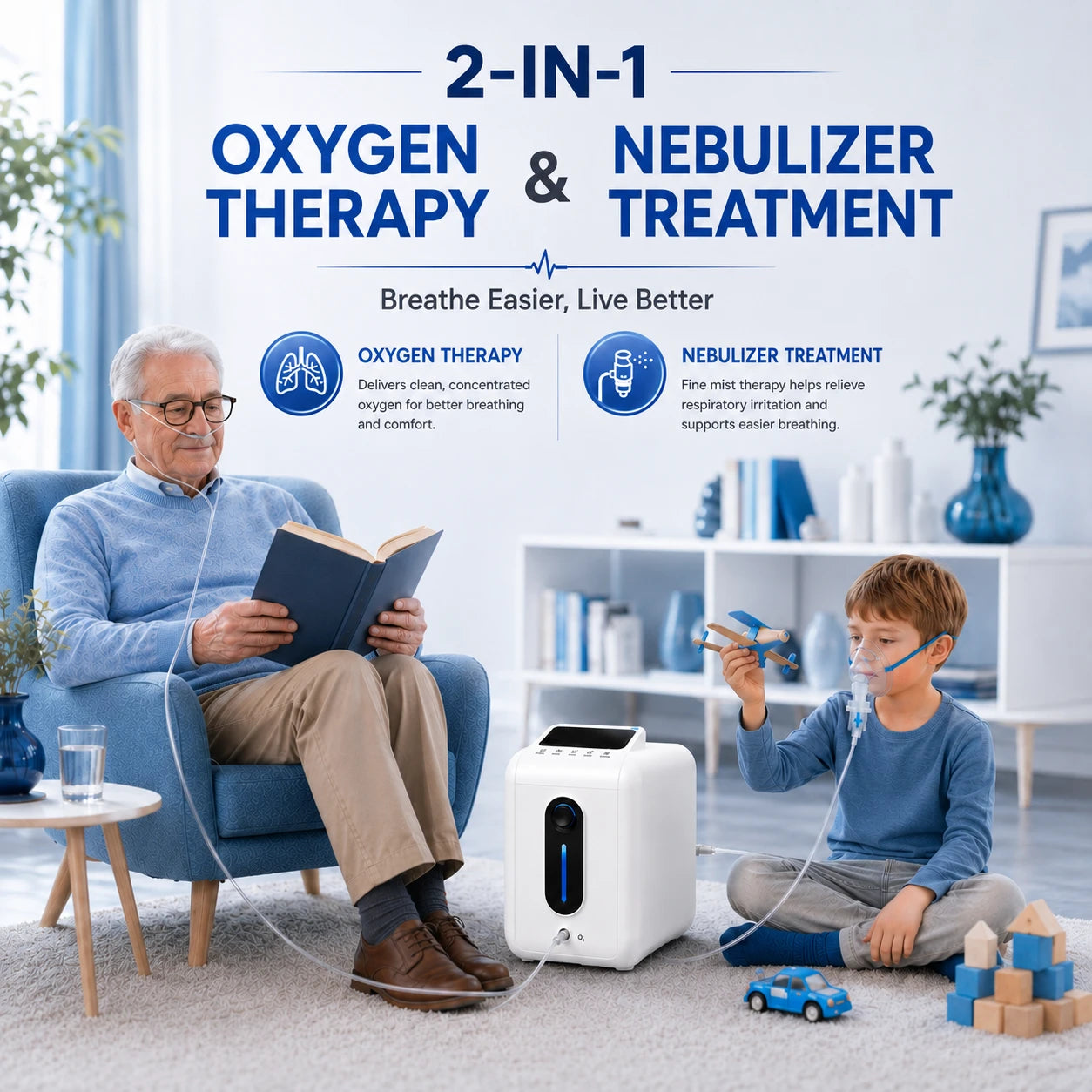 A18 1–9L home oxygen concentrator with an integrated nebulizer function for convenient respiratory care at home