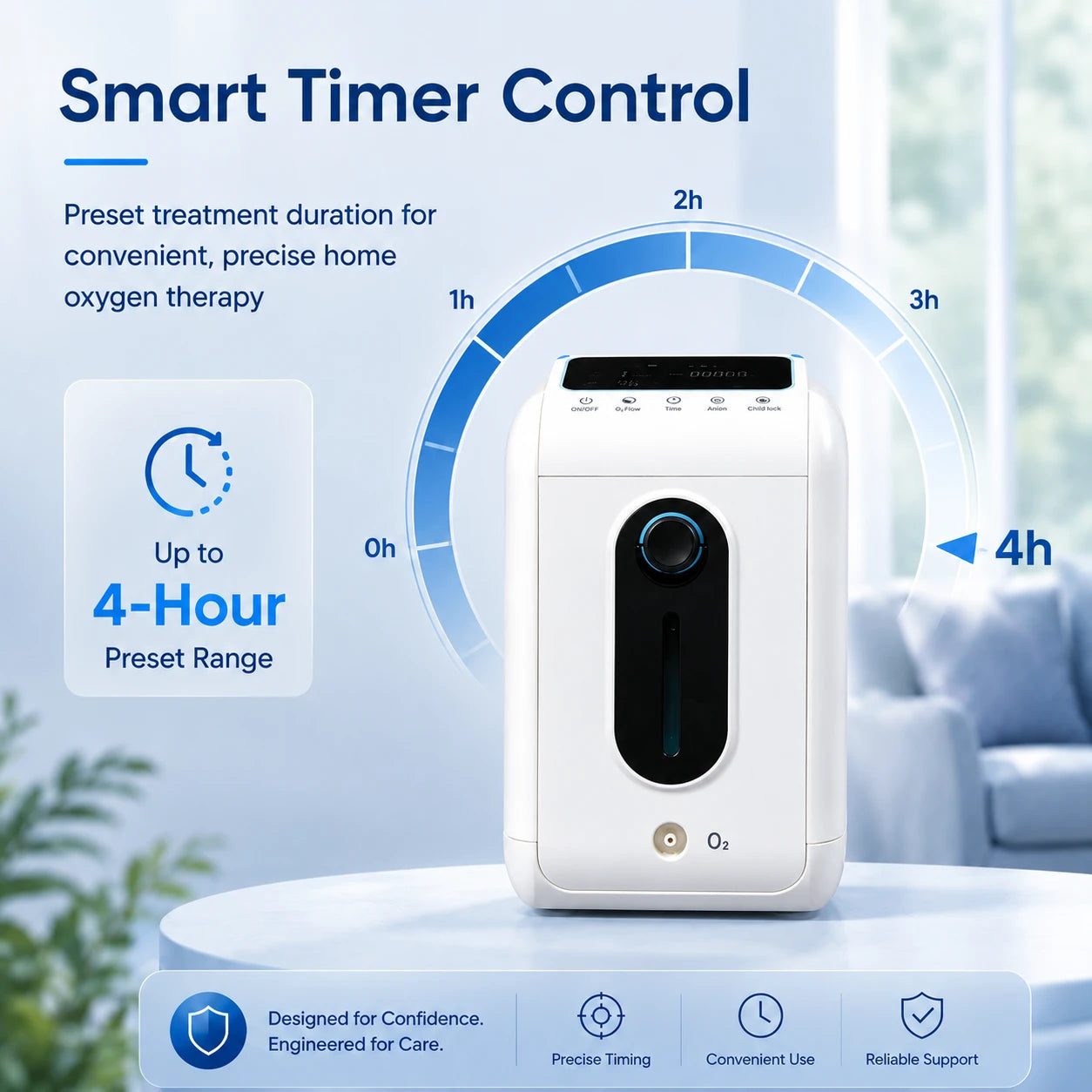 A18 1–9L home oxygen concentrator with an adjustable timer function for convenient home use